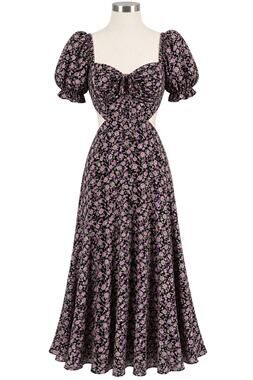 ASTR The Label Ruffle Cutout Floral Black Lilac Ditsy Midi Dress - Size XS